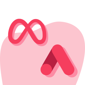 Two red logos—Meta’s infinity symbol and Google Ads’ icon—stand out on a pink abstract background, reflecting the vibrant creativity of a Digital Growth Agency.