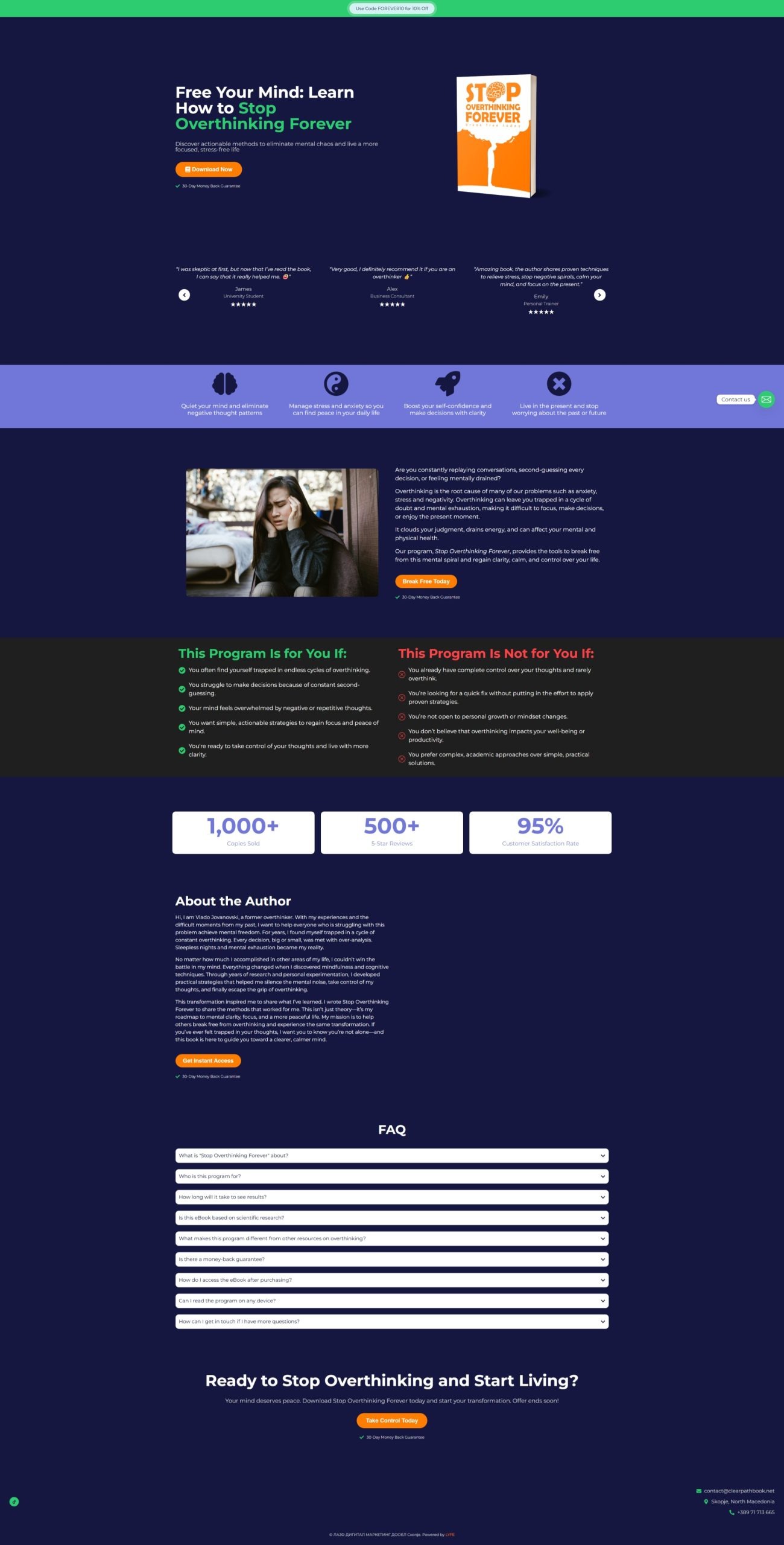 Website page offering a program to stop overthinking, with sections for benefits, author info, and FAQs.