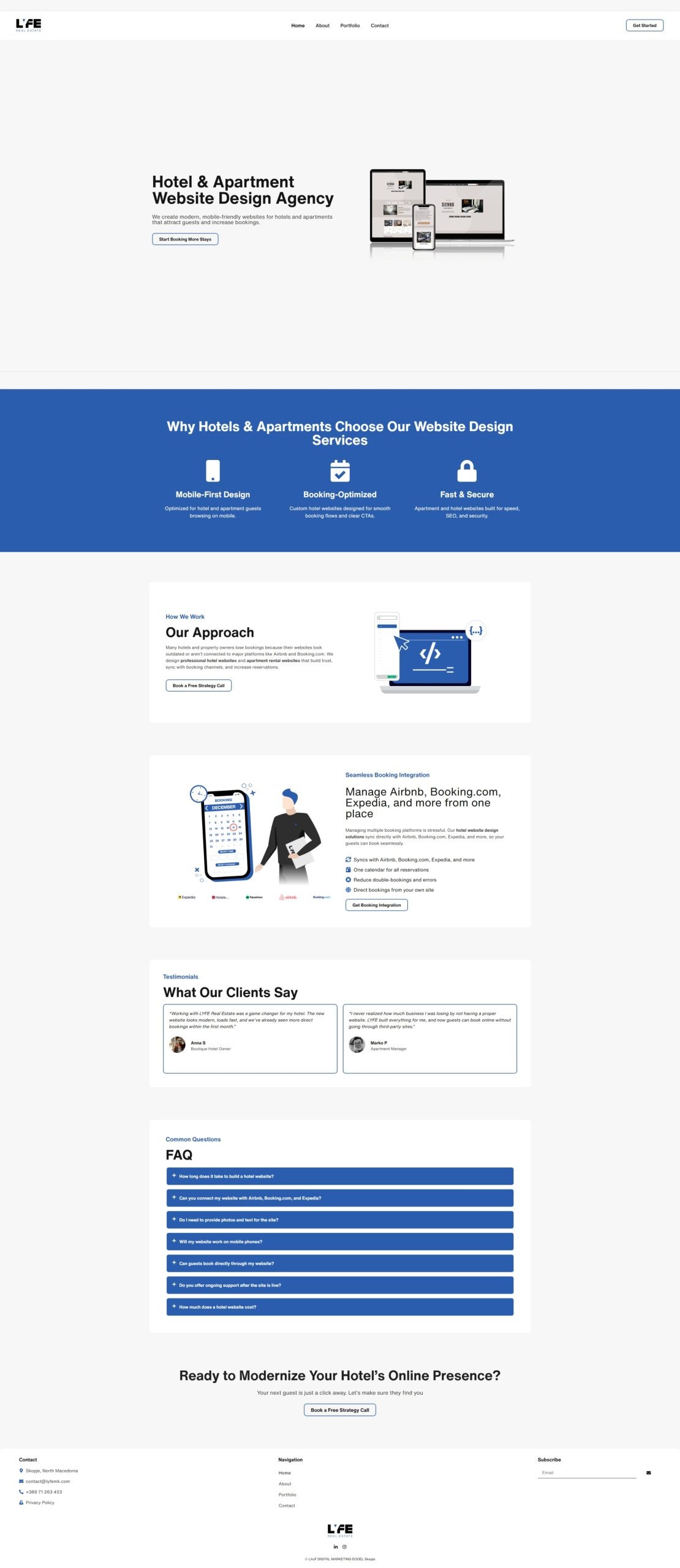 Hotel and apartment web design agency homepage with service highlights, testimonials, and a FAQ section.