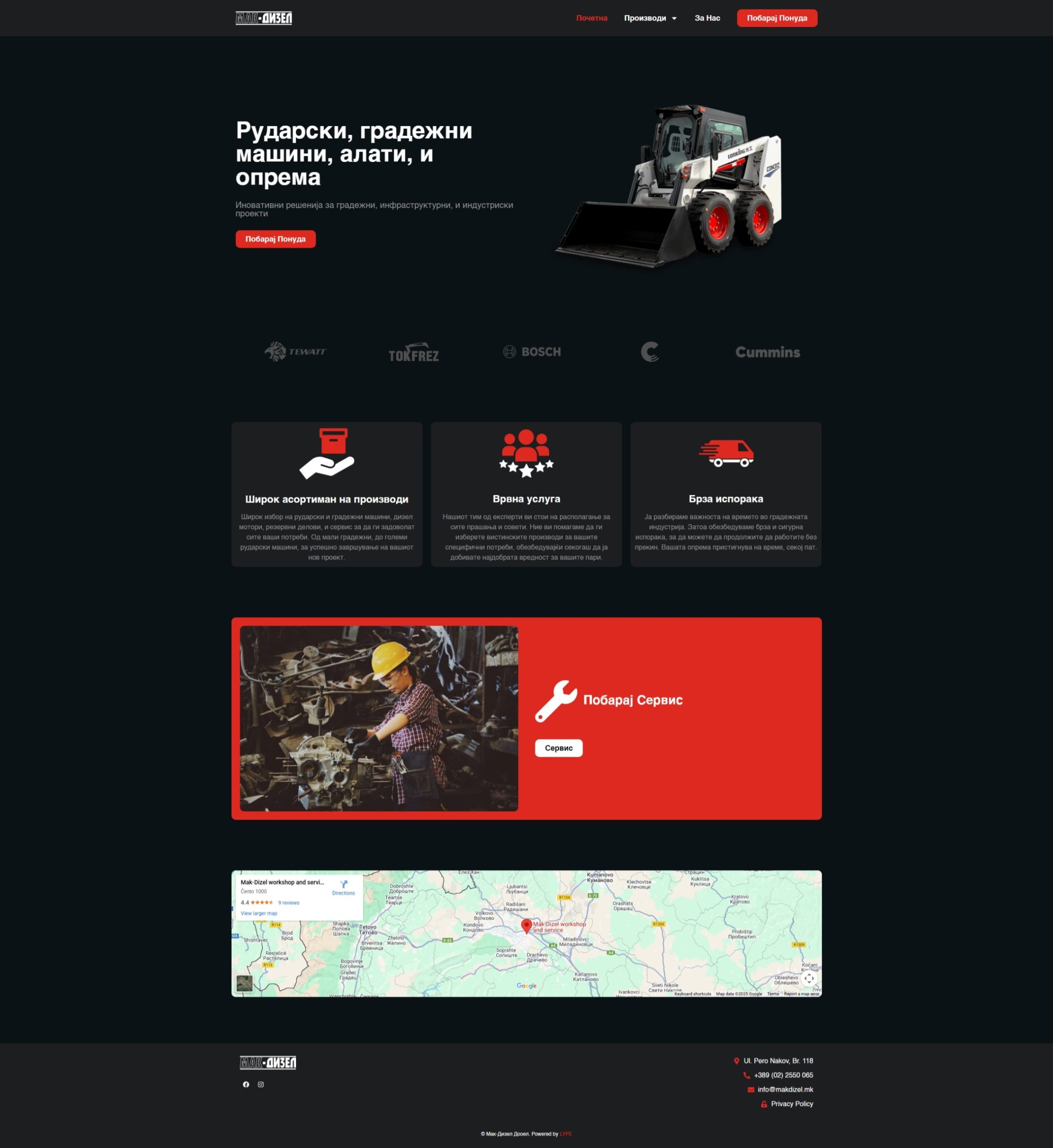 Website homepage with construction equipment, service icons, a worker photo, and a map at the bottom.
