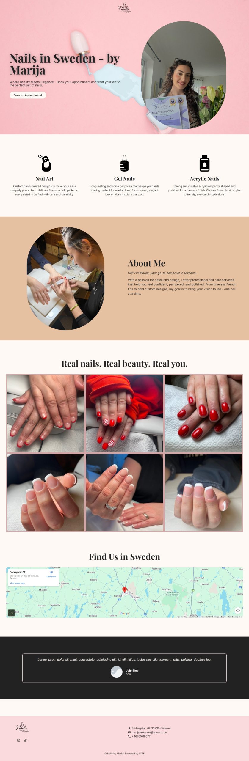 A nail artist poses with tools above examples of manicures, salon info, and a map of Sweden.