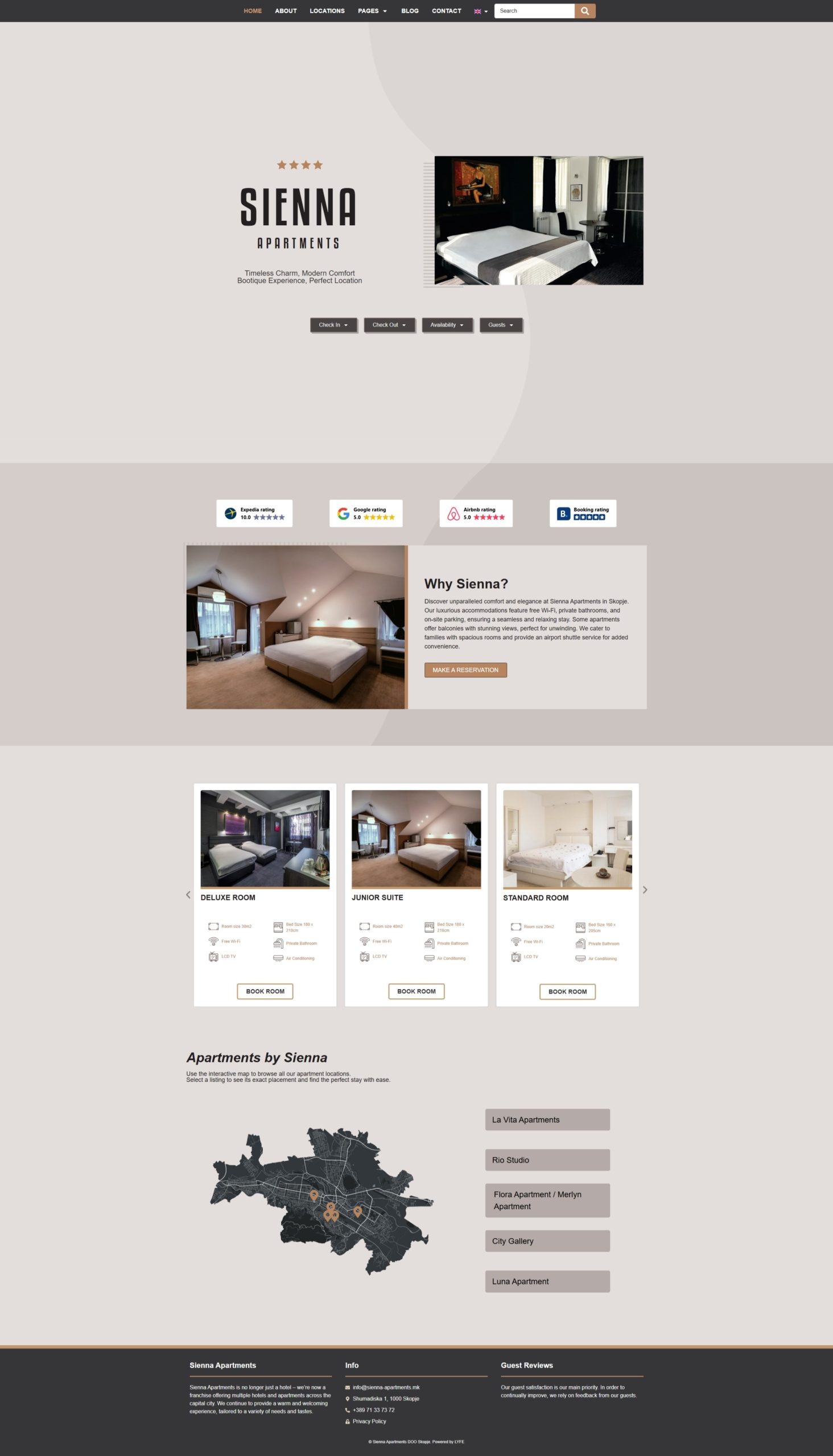 Sienna Apartments webpage showing room options, guest reviews, amenities, and a city map at the bottom.
