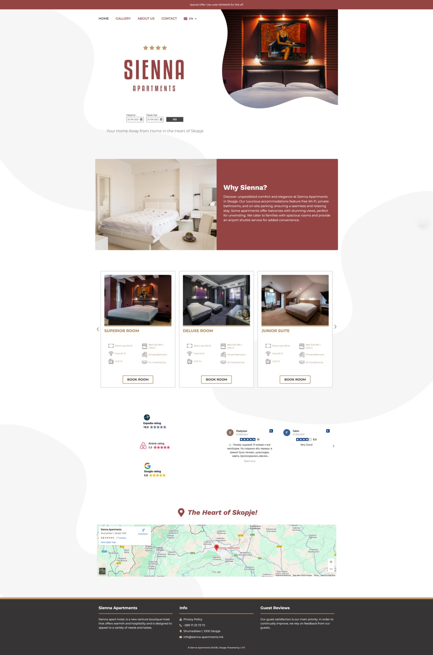 Homepage of Sienna Apartments featuring images of rooms, amenities, reviews, and a location map of Skopje.