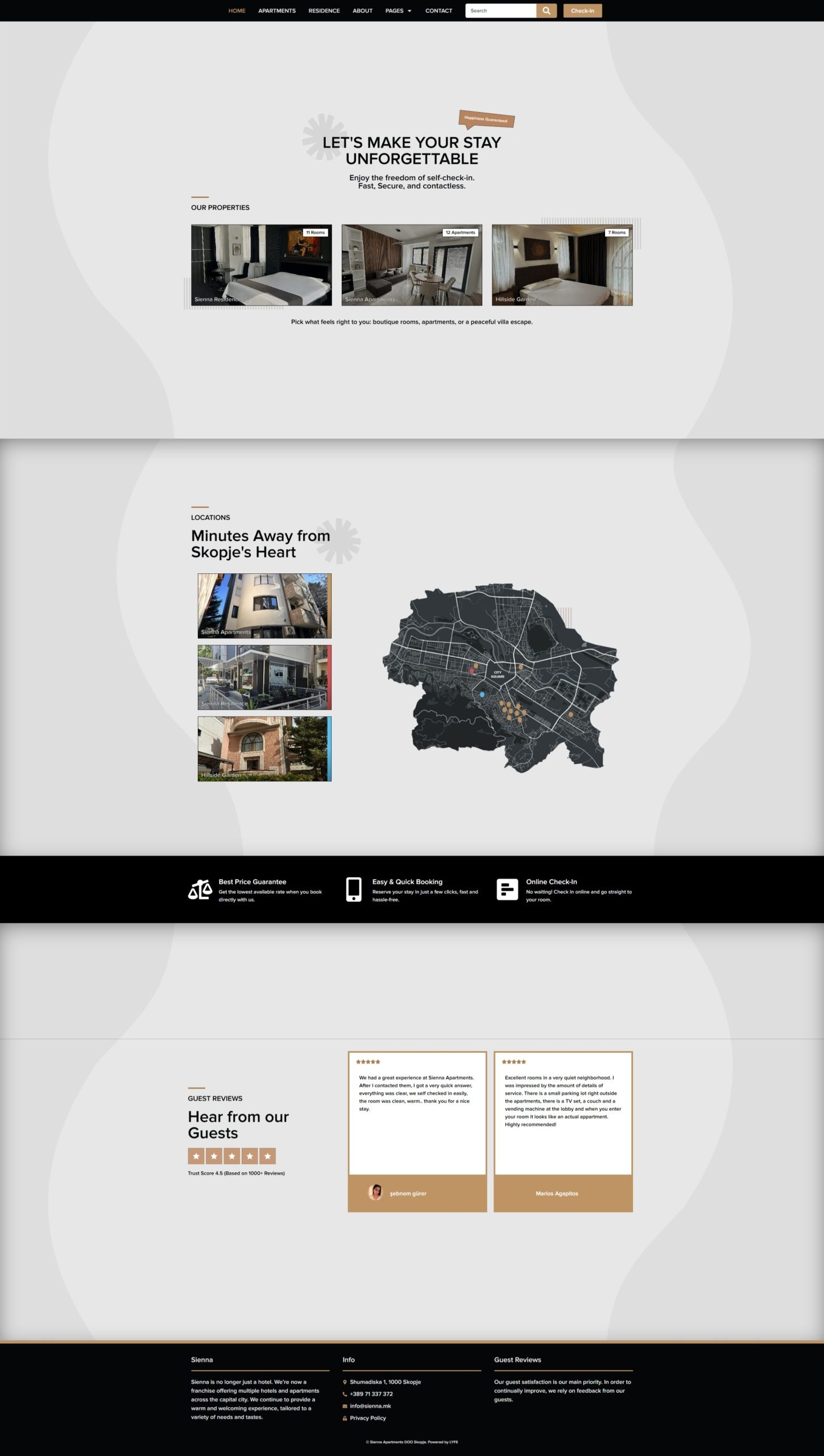 Website homepage showing luxury apartment photos, a city map, guest reviews, and booking information.