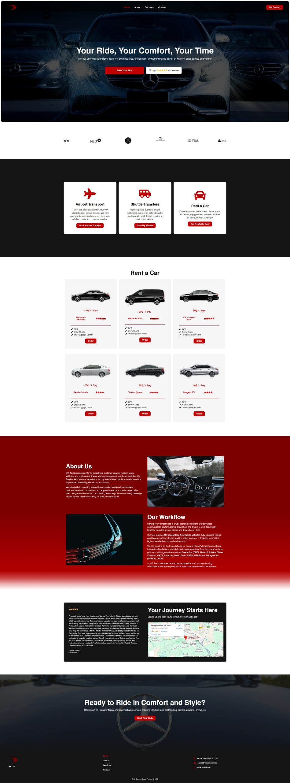 Car rental website homepage with service options, car listings, about section, and contact details.