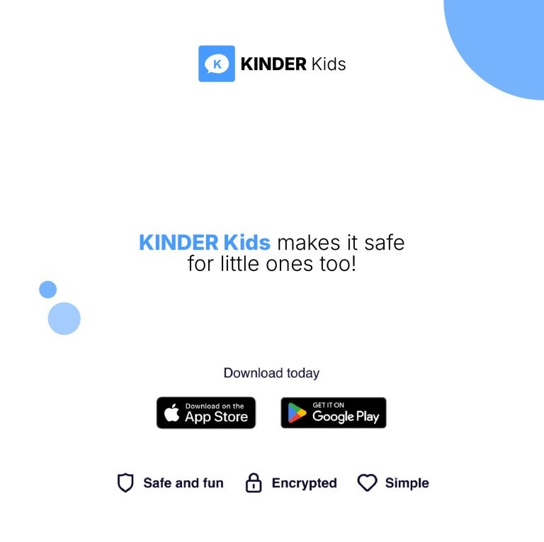 Kinder Kids app promotion: "Safe for little ones." App Store and Google Play logos, icons for safety features below.