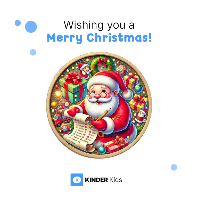Illustration of Santa Claus with gifts and a list, with text: "Wishing you a Merry Christmas! KINDER Kids.