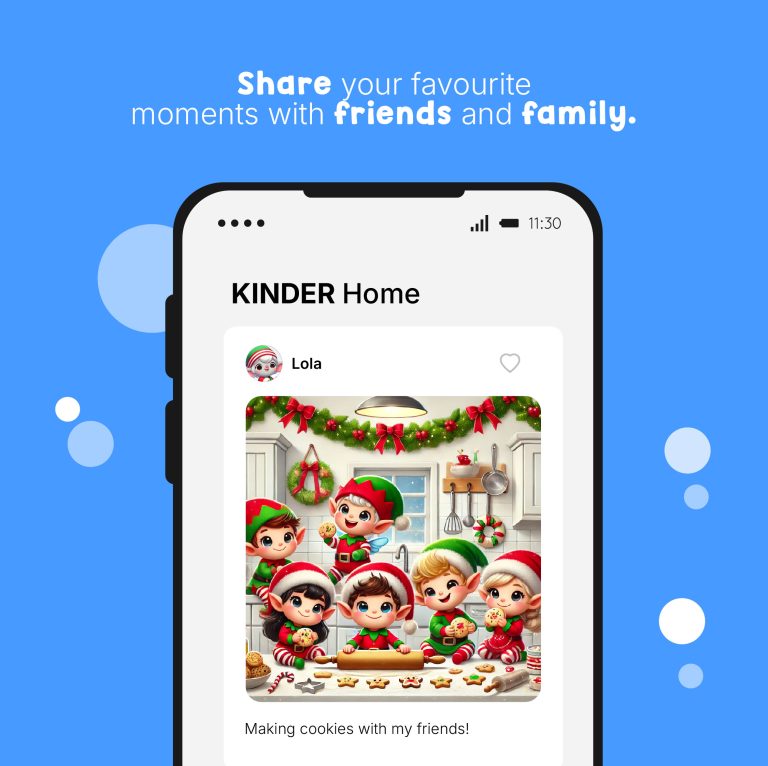 A phone screen shows cartoon elves baking cookies, with a caption about sharing moments with friends and family.