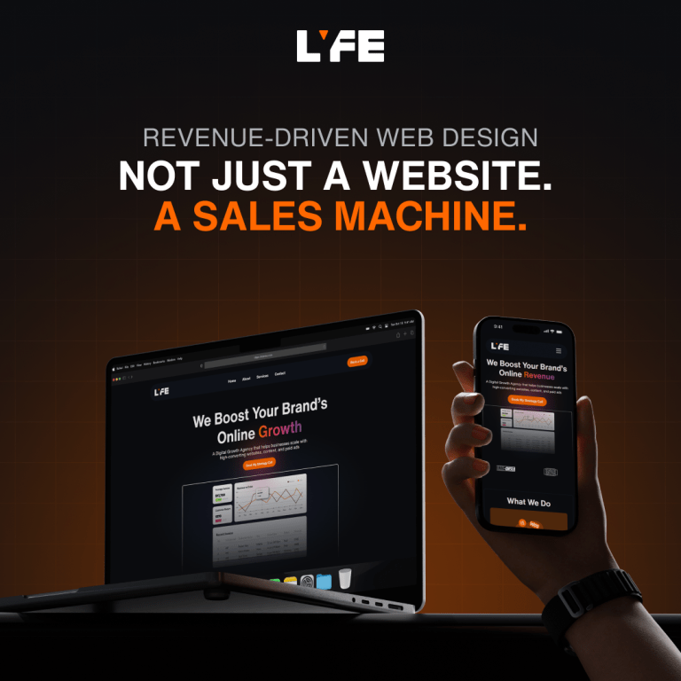 A person holds a phone displaying a web design page, with a laptop showing the same site beside it.