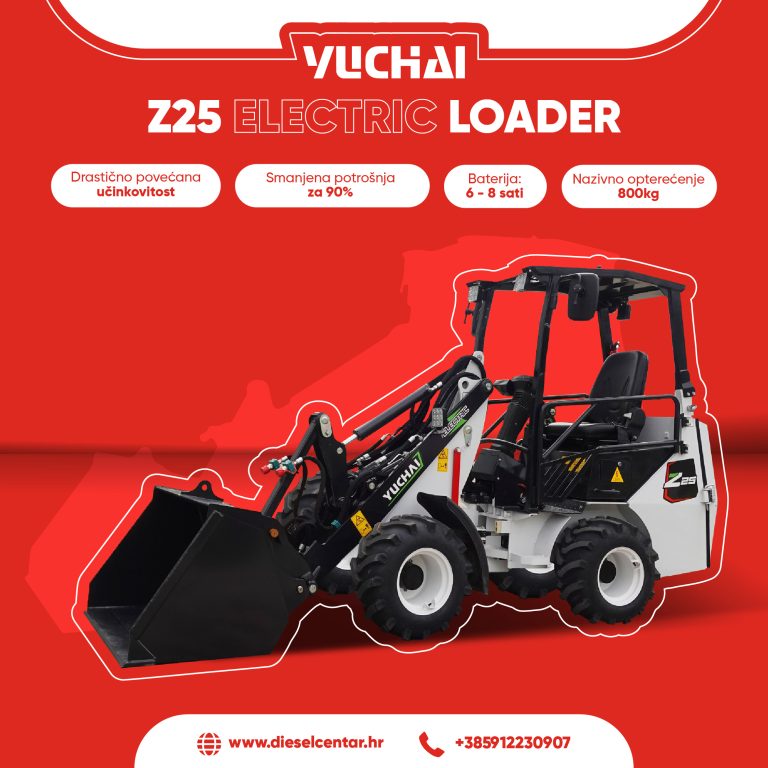 A Yuchai Z25 electric loader with specifications on a red background, featuring contact information.