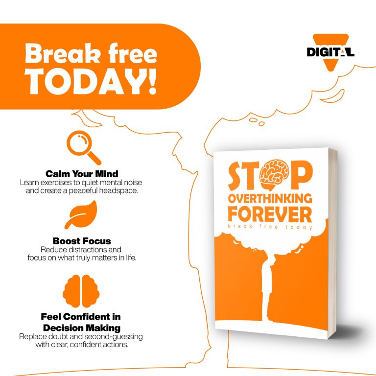 Promotional graphic for a book titled "Stop Overthinking Forever" with key benefits listed beside the book.