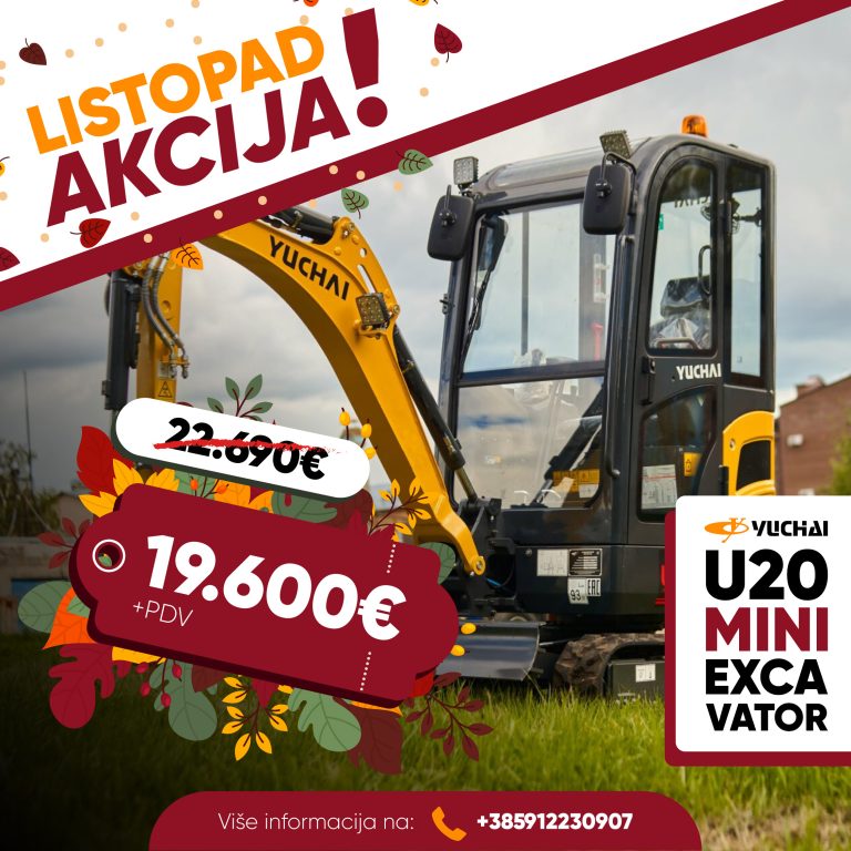 A yellow Yuchai U20 mini excavator on grass, with a special offer price and autumn-themed decorations.