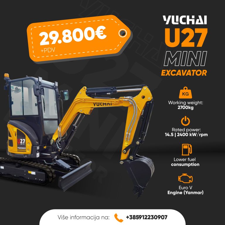 Yellow Yuchai U27 mini excavator with specs and price 29,800€ on a black background, contact info below.