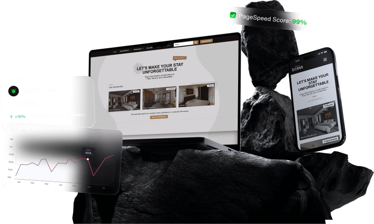 A desktop and phone display a hotel site, showcasing services with graphs, sales data, and a 99% PageSpeed score.