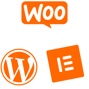 Logos for WooCommerce, WordPress, and Elementor, all in orange on a white background—perfect for showcasing your Digital Growth Agency.