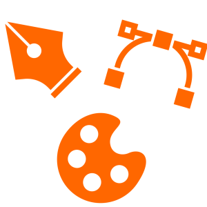 Three orange graphic design icons: a pen nib, a bezier curve, and an artist palette on a white background.