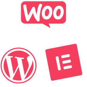 Logos of WooCommerce, WordPress, and Elementor, all in red and white on a light background.